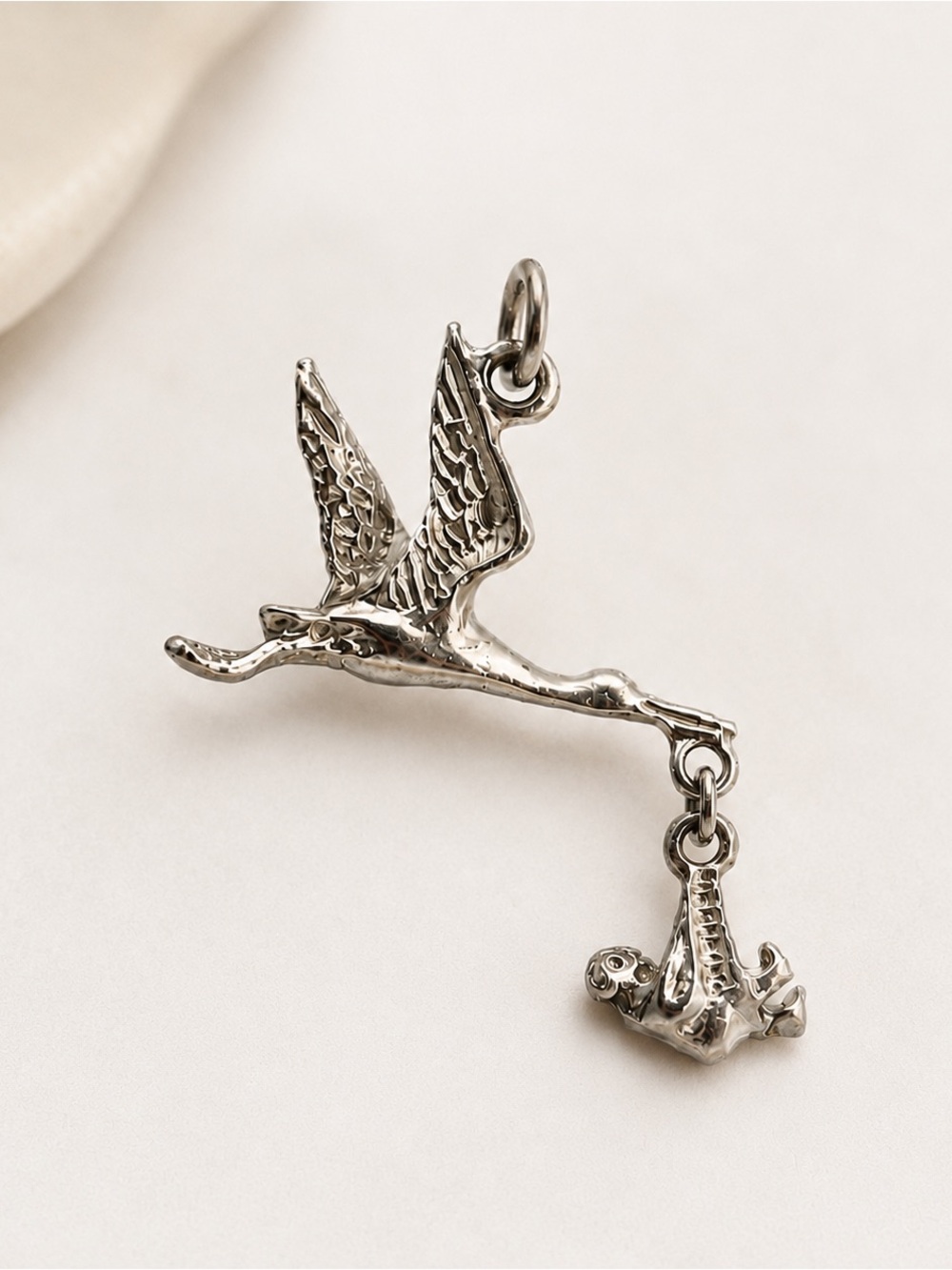 Vintage Sterling Silver Stork Pendant 925‎ Articulated Baby Charm Motherhood